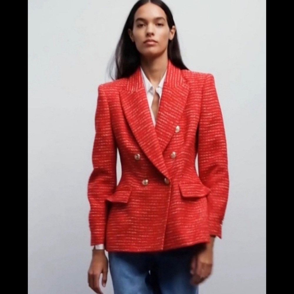 Red ZARA red Textured luxurious Double Breasted Blazer size S